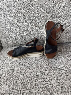 Bueno Black Leather Platform Slingback Sandals